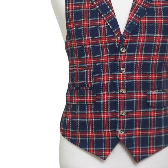 Mens Vest 44R Tartan Plaid Wool Blue Red Lapel Waistcoat Formal Wedding Party - Picture 7 of 9